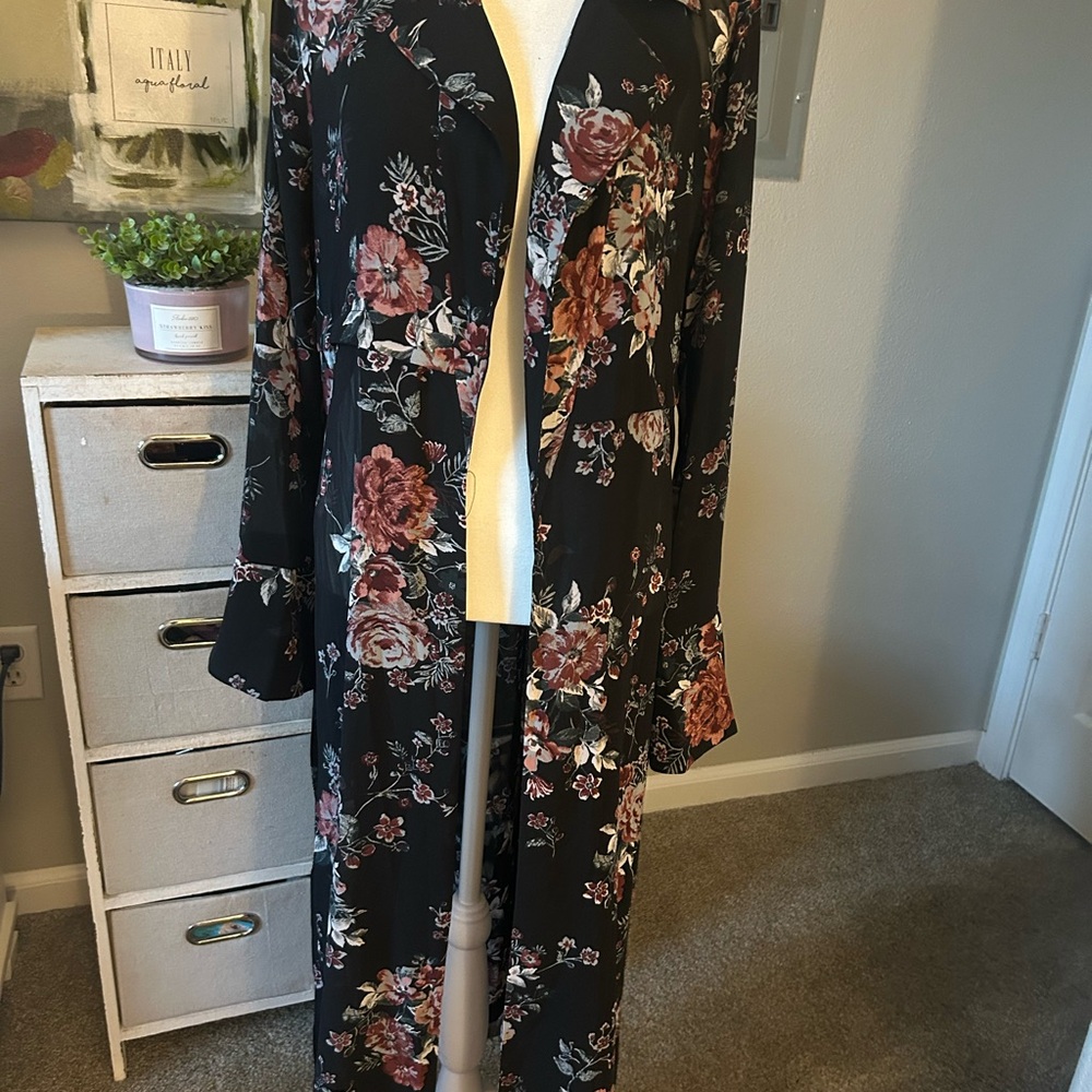 Floral Long Black Kimono